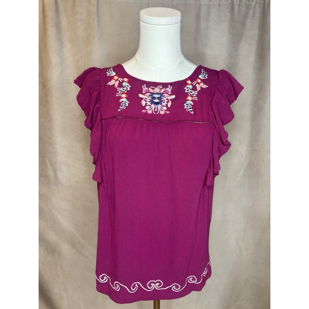 Buffalo David Bitton Embroidered Boho Top Large Purple Rayon Flutter Sleeve
